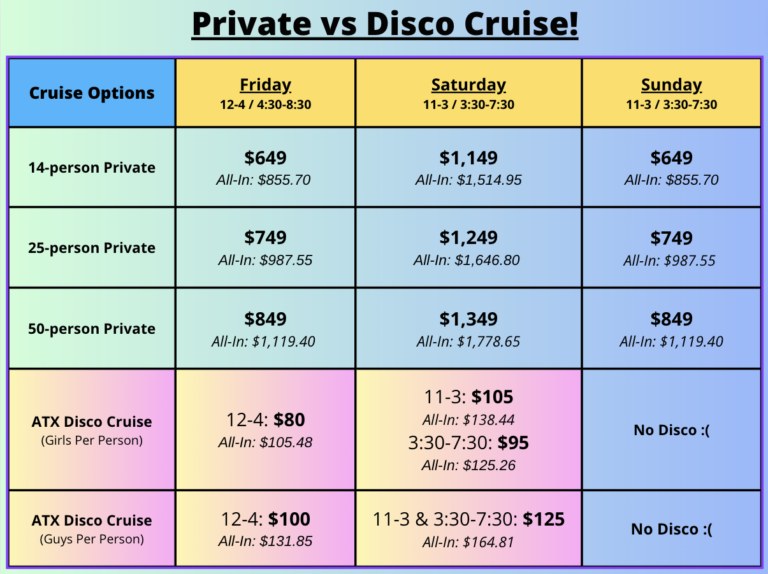 Pricing Chart premier party cruises private cruise and ATX disco cruise
